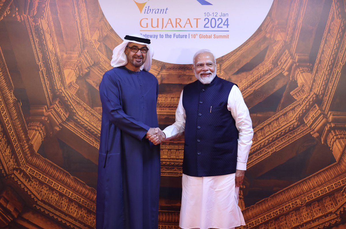 narendramodi's tweet photo. My brother HH @MohamedBinZayed has not only graced the @VibrantGujarat Summit but also spoke at the Summit. His remarks were extremely encouraging. India cherishes his thoughts and his efforts to boost India-UAE ties. https://t.co/L9lizSv7kY