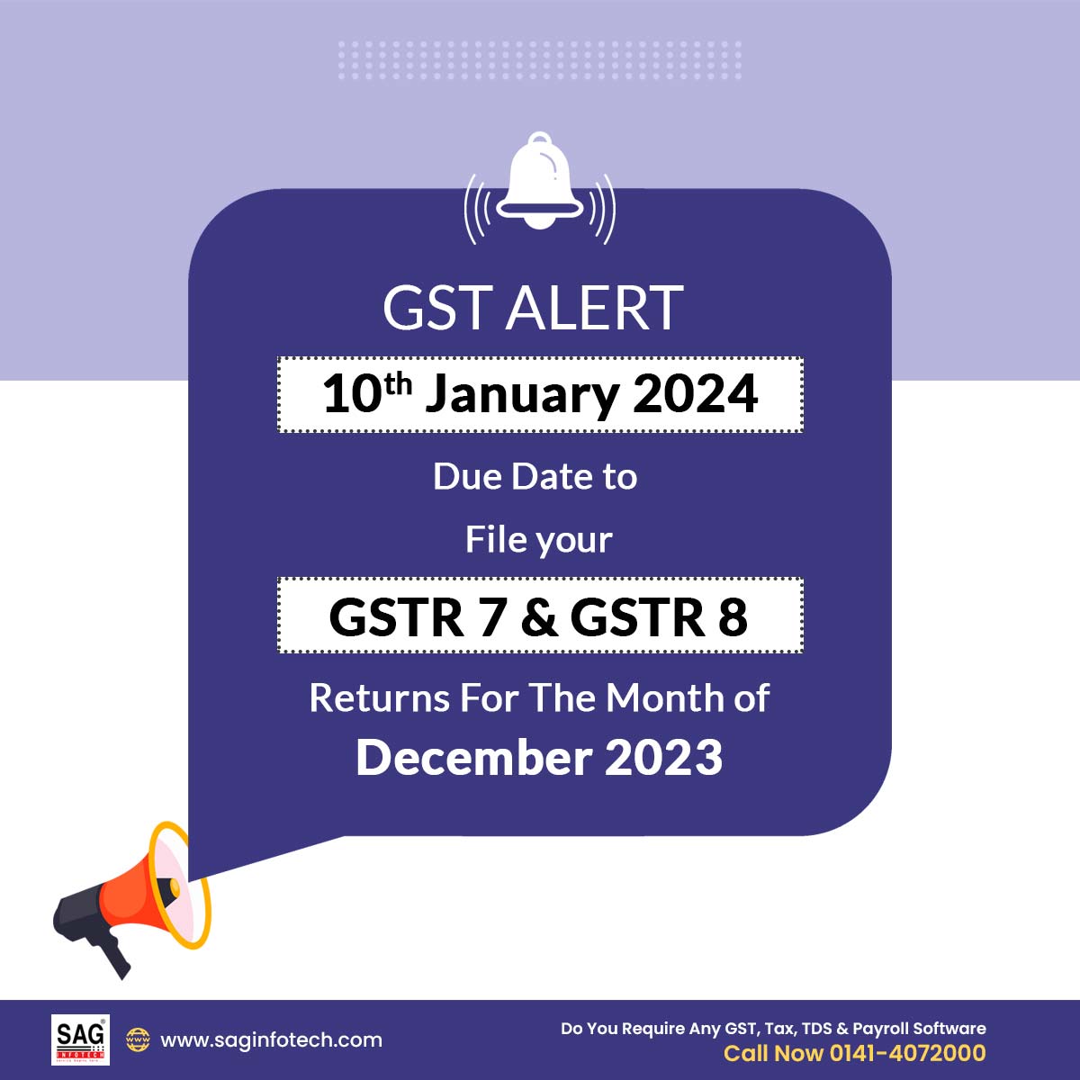 SagInfoTech's tweet photo. Start filing your GSTR 7 & 8 before the due date i.e. 10th January 2024 to avoid last minute filing rush.
Get Free Demo: https://t.co/LEMJ90vcH3
Check More Due Dates: https://t.co/fQSubZHm47
#GST #returnfiling #GENGST #Software #GSTR7 #GSTR8 #January https://t.co/Y9Lzr5zExP
