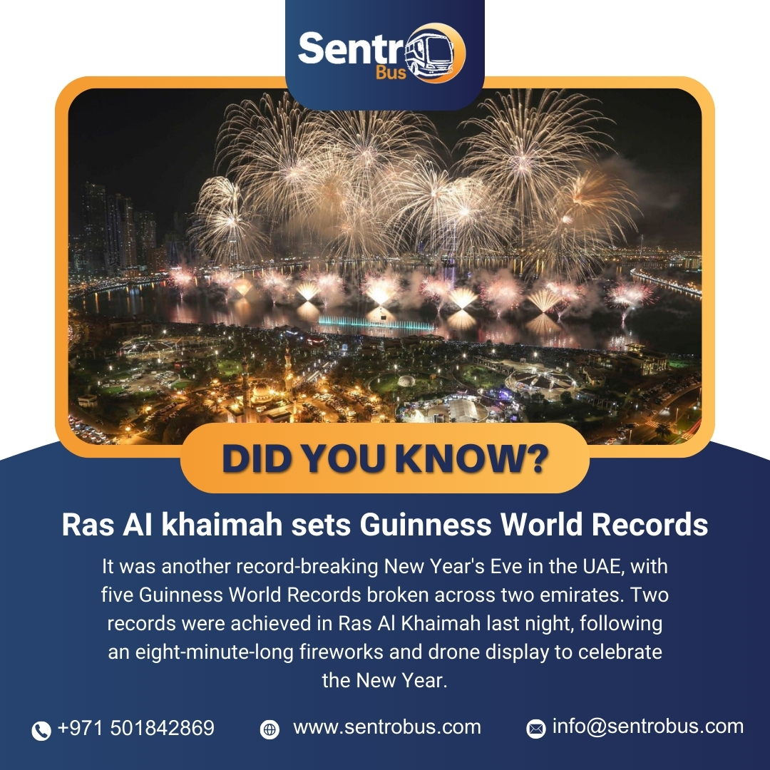 sentrobus's tweet photo. It was another record-breaking New Year's Eve in the #UAE, with five #GuinnessWorldRecords broken across two emirates. Two records were achieved in #RasAlKhaimah last night, following an eight-minute-long fireworks and drone display to celebrate the #NewYear.

#SentroBus https://t.co/MgPFUYyioG