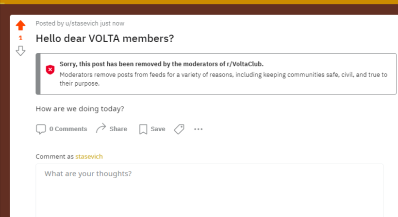 stasevichDaDa's tweet photo. Damage control scumbag style.....@thevoltaclub 
When you know you start wining.
My 1st post on the group, and there you go.
@ariannahuff @nytimes @CryptoTimes_io  @HuffPost 
Who wants to start a cool story about little project that stole $100 mil from 60,000 people?
#findingwmemo https://t.co/jULbPzSReL