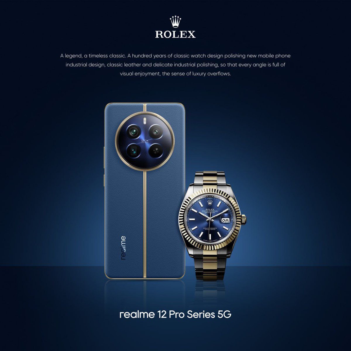 sondesix's tweet photo. Realme 12 Pro Series x Rolex

This Blue colourway with gold accents is inspired by a Rolex watch.

Honestly, it looks awesome! You know how much I love phones with gold accents.

This is probably the best-looking Realme phone yet. https://t.co/T52Ma9m4IB