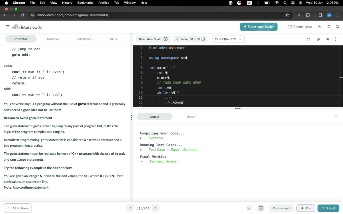 AditiDahiya3006's tweet photo. Hey all 👋!!   I have completed #Day009 of #365DaysOfCode Challenge with @scaler_official
Problem Statement 1: Loops (Easy)   
Problem Statement 2: Jump Statements (Medium)
CommunityLink: https://t.co/BFvyymVVz9 
#scalerdiscord #codewithscaler #365daysofcodescaler #365DaysOfCode https://t.co/A99Zwc9HVM