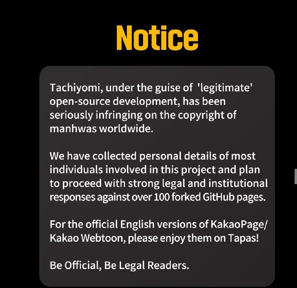 iiTachiyomi's tweet photo. 🚨 BREAKING: Kakao is now going after everyone involved in Tachiyomi. The company has announced that they will be taking legal action and has reportedly been collecting personal details of most individuals involved in the project. https://t.co/z21L5D2rZi