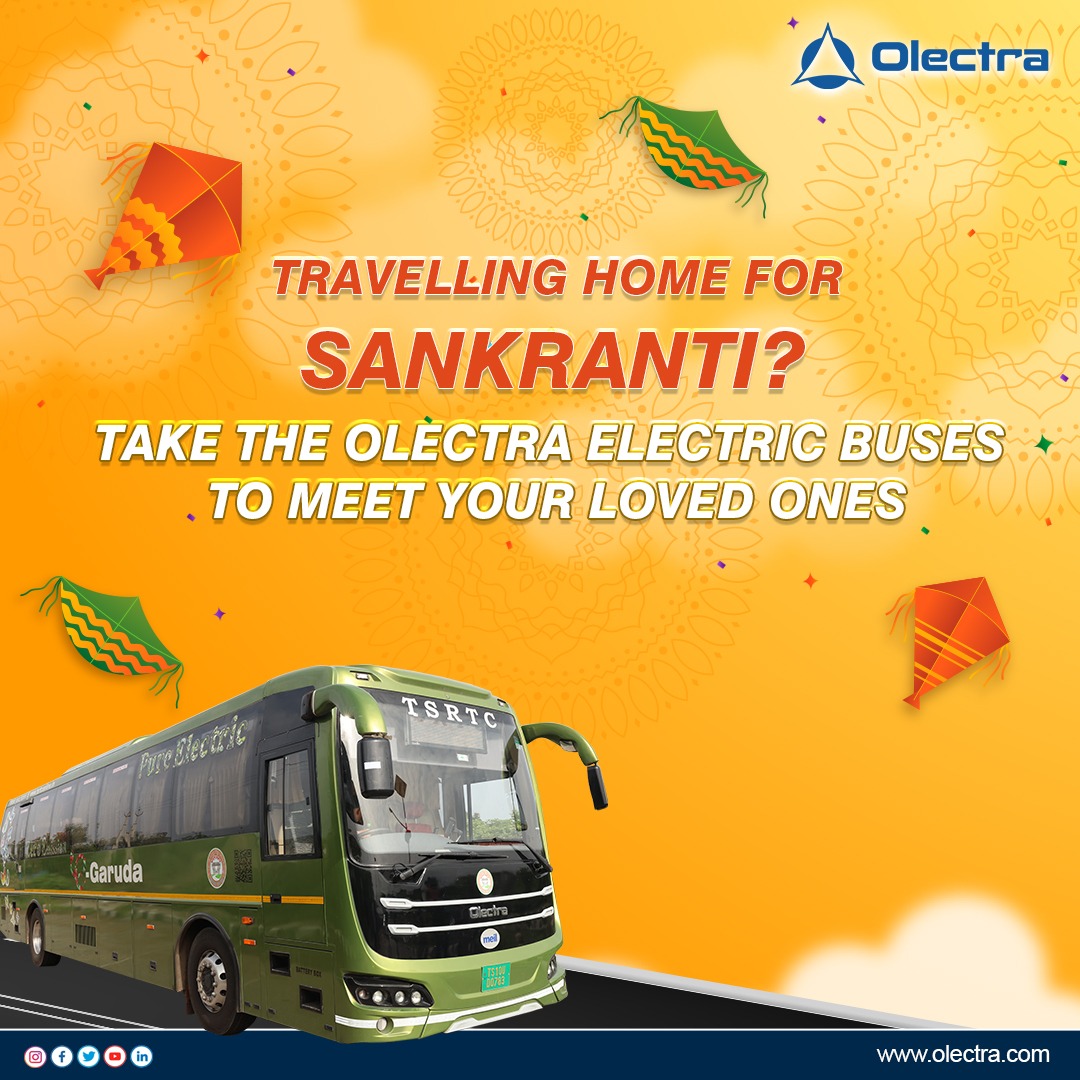 Ever wondered if a #ride could be #ecofriendly, silent & comfortable? The answer is Yes. Hop onto the #Olectra #electric #buses for a #zeroemission silent journey home this #Sankranti. #India #ev #kitefestival #MakarSankranti #transport #Sustainability #emobility #GreenEnergy