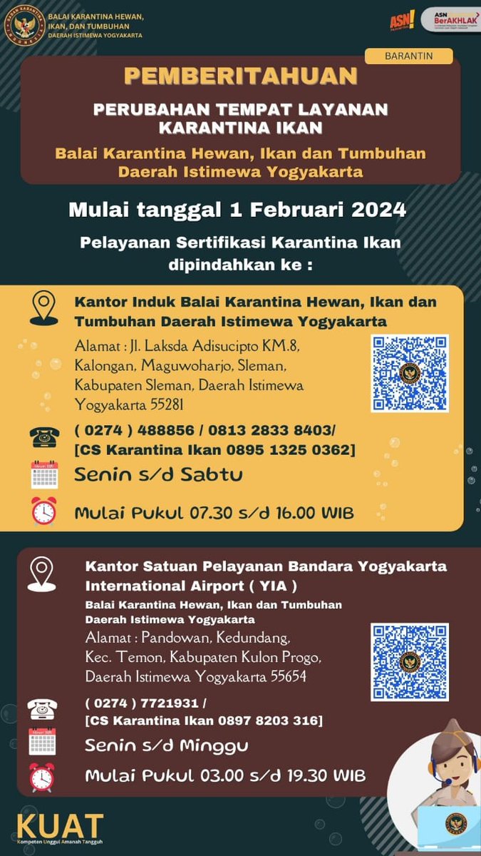 bppmhkp_jogja's tweet photo. Berikut kami informasikan perubahan tempat layanan Karantina Ikan wilayah Daerah Istimewa Yogyakarta mulai 01 Februari 2024 

@BarantinRI
@bppmhkp
@karantina_yogya 
@verr_trisnajaya https://t.co/PxmOViYQ5D