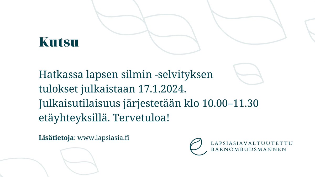 Lastensuojelun piirissä olevat lapset eivät voi elää kaduilla. Tervetuloa ensi viikolla Hatkassa lapsen silmin -selvityksen julkaisutilaisuuteen kuulemaan aiheesta lisää.
🔗lapsiasia.fi/julkaisut
