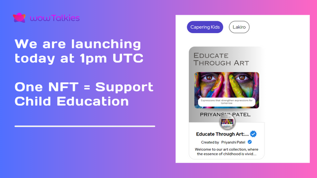 🚀 Launching today at 1 pm UTC! 

🌐 Each #NFTs purchase contributes to supporting child education. Make an impact with every piece of art. 🎨📚 #NFTforEducation

NFT Artist : <a href="/Priyanshi_Patel/">Priyanshi</a> 

Mint at: nft.wowtalkies.com/collection/