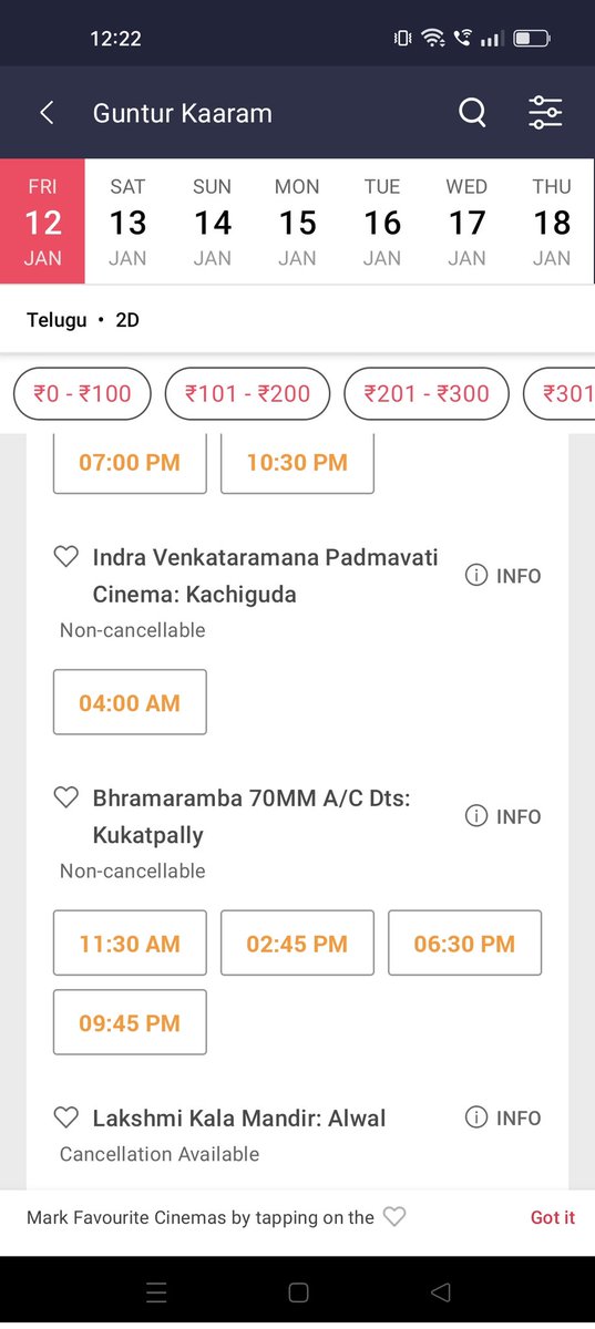 YuvaRaaju02's tweet photo. KACHIGUDA #VENKATRAMANA70MM 6SHOWS LOADING #GunturKaaramOnJan12th 🔥💥  
4AM SHOW ALREADY FAST FILLING
ENTIRE COMPLEX MAY HAVE 12 SHOWS 💥🔥 @urstrulyMahesh
🔥👌

@Adithya_7M Happy undu ika https://t.co/MPvQbUEyPX
