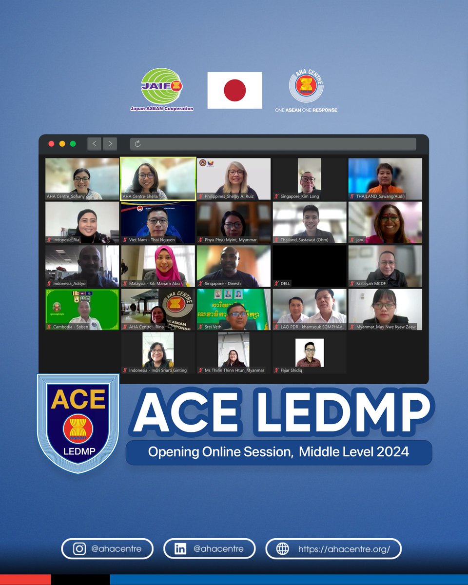 AHACentre's tweet image. Kicking off Batch 1 of the #AHACentre #ACELEDMP #MiddleLevel! 20 mid-level officers from #ASEAN Member States begin a 2-month course to boost disaster management skills. On-site sessions start Feb 2024.

ACE LEDMP is supported primarily by the Government of Japan through #JAIF