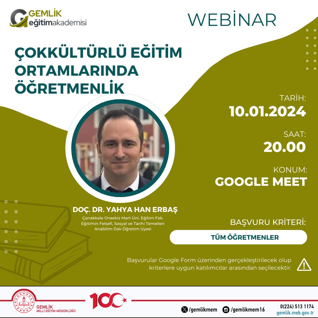 📢 ÇOKKÜLTÜRLÜ EĞİTİM ORTAMLARINDA ÖĞRETMENLİK 
🗓 10 Ocak 2024 (BU AKŞAM)
⏰️ 20.00

<a href="/GemlikMem/">GEMLİK İLÇE MİLLİ EĞİTİM MÜDÜRLÜĞÜ</a> bünyesinde görev yapmakta olan öğretmenlerimiz alan uzmanı akademisyenlerimizle buluşmaya devam ediyor. 
Konuğumuz Doç. Dr. <a href="/YahyaHanErbas/">Yahya Han Erbaş</a>