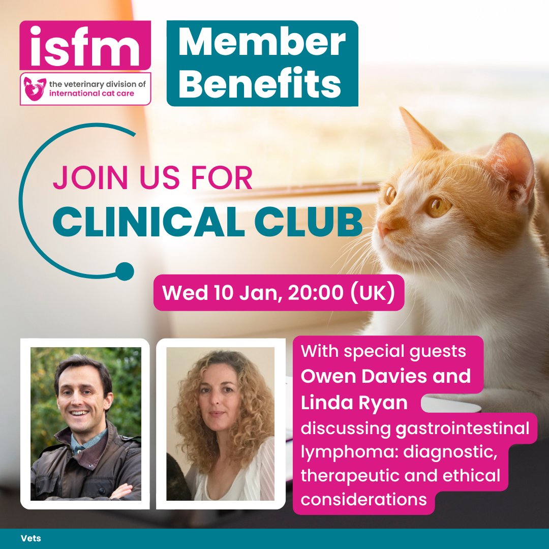 ISFMcats's tweet photo. 📣 Vet members! Join #ClinicalClub at 20:00 (UK) tonight! 👩💻Owen Davies is back and he is joined by Linda Ryan. Come along to discuss gastrointestinal lymphoma: diagnostic, therapeutic and ethical considerations. 📧 Check your emails or the forum for details on how to join. https://t.co/NTj1MSYVbk