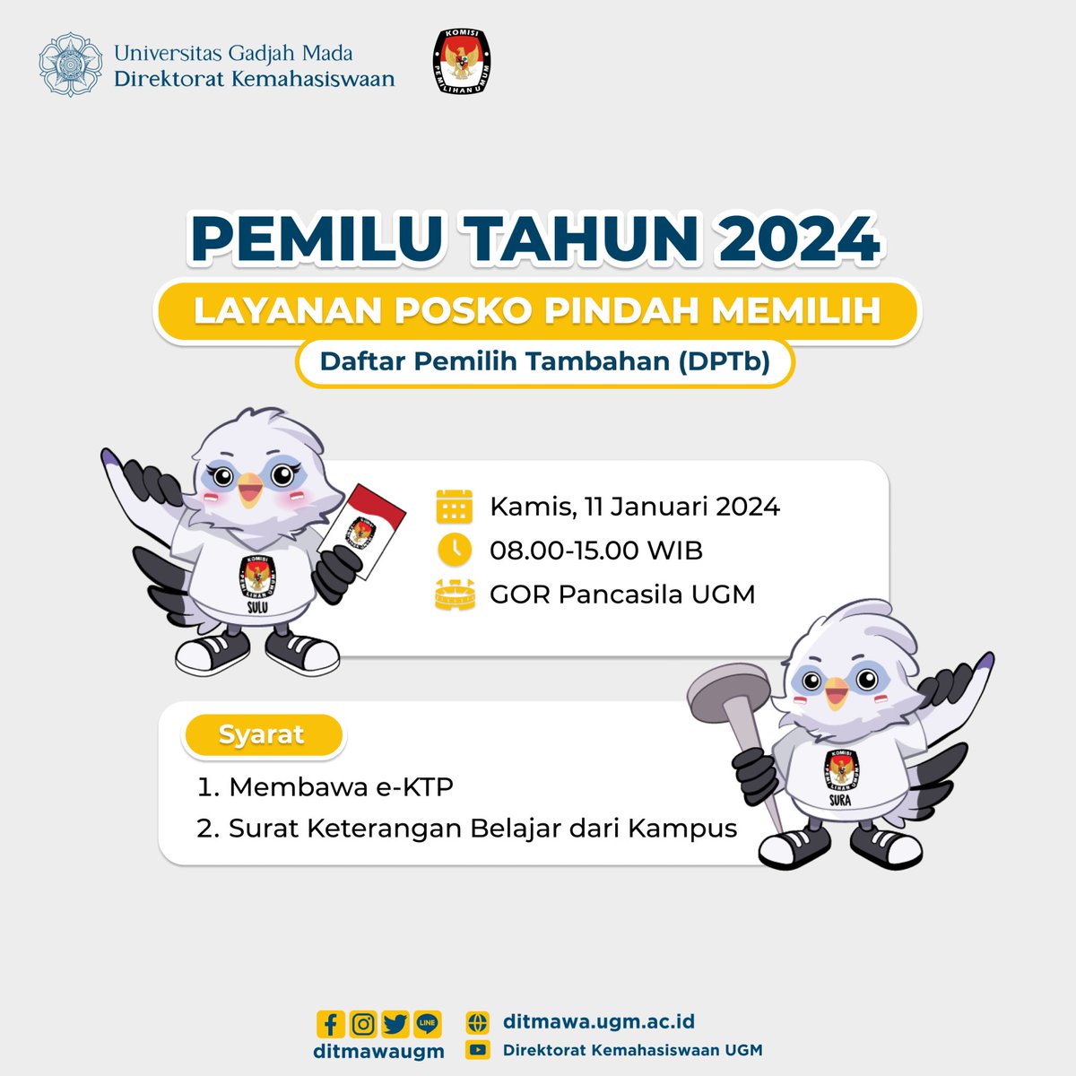Hi #KawanUGM 👋

Buat kamu mahasiswa UGM yang berasal dari luar DIY dan ingin melakukan pindah memilih, jangan khawatir! 🙅‍♀️ 

UGM bersama KPU Sleman akan membuka Layanan Posko Pindah Memilih! 😊

Jajan bakwan jangan boros
Jangan lupa nyoblos! 😉