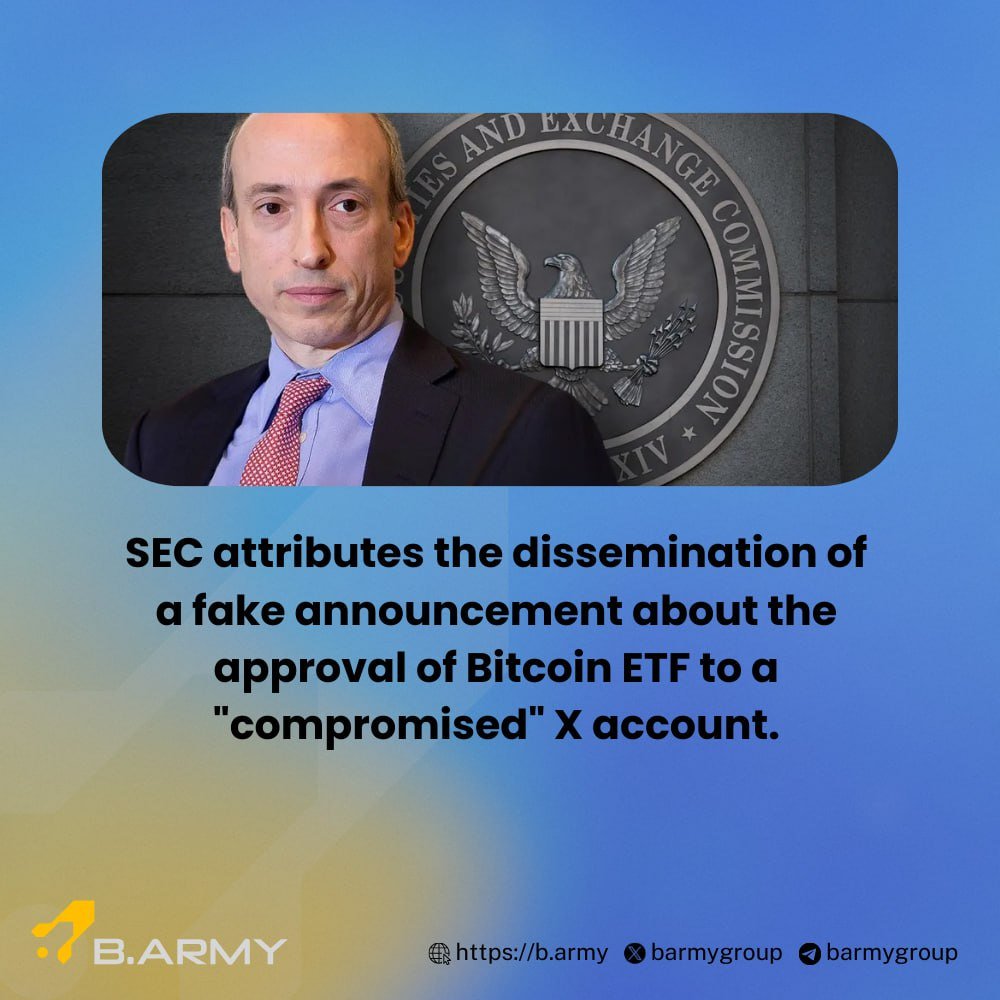 BARMYGROUP's tweet image. SEC attributes the dissemination of a fake announcement about the approval of Bitcoin ETF to a &quot;compromised&quot; X account

👉Around 21:10 UTC, an inaccurate announcement regarding the approval of a spot Bitcoin ETF was posted on the official Twitter account of the SEC.

However, SEC…