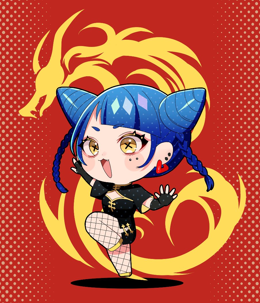 1girl blue hair chibi chinese clothes solo braid dress  illustration images