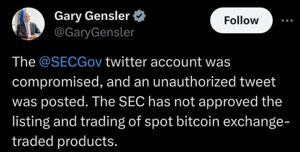 BARMYGROUP's tweet image. SEC attributes the dissemination of a fake announcement about the approval of Bitcoin ETF to a &quot;compromised&quot; X account

👉Around 21:10 UTC, an inaccurate announcement regarding the approval of a spot Bitcoin ETF was posted on the official Twitter account of the SEC.

However, SEC…