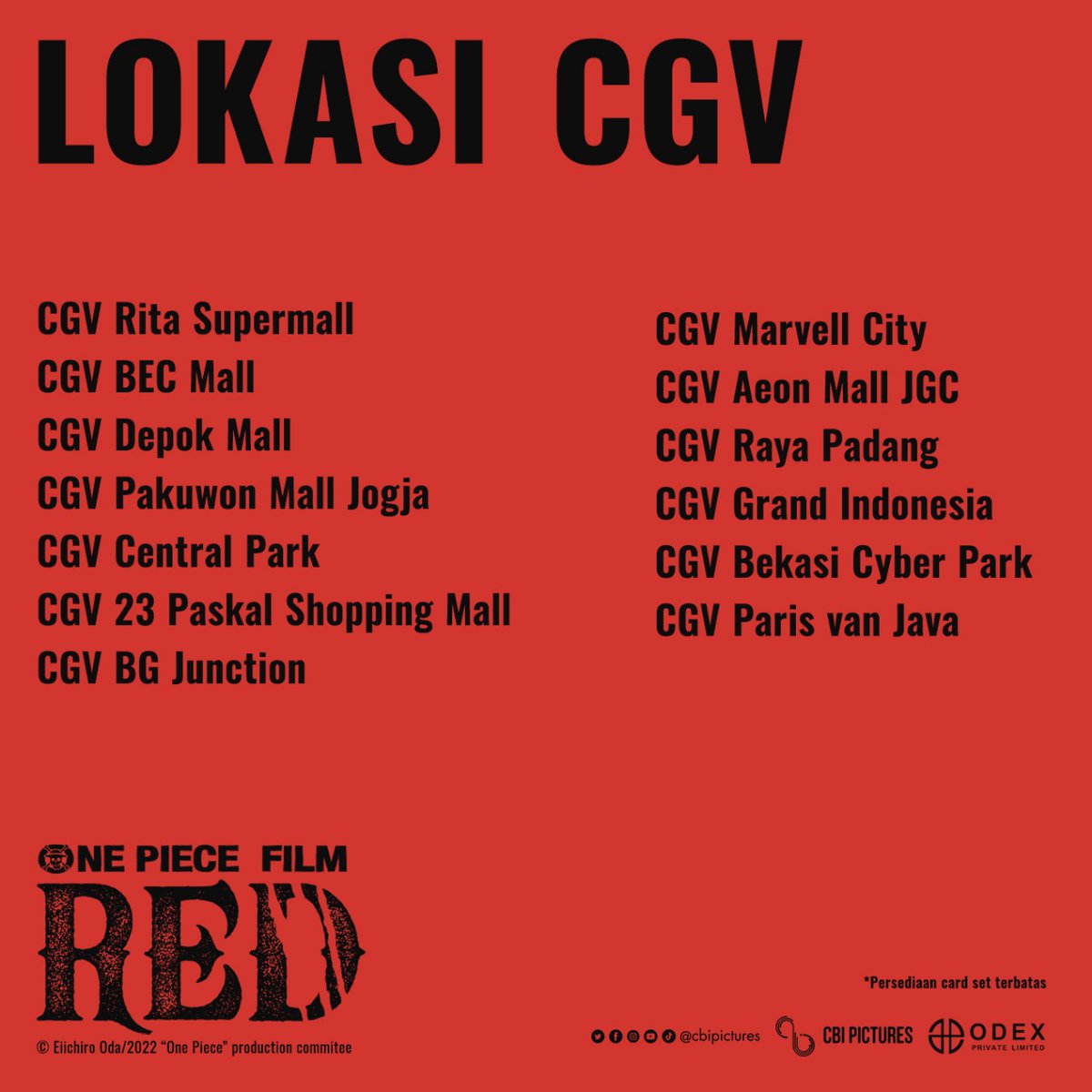 CGV_ID's tweet photo. Dapatkan 1 set Japan Import Bandai Card untuk setiap pembelian tiket <ONE PIECE FILM: RED (REMASTERED)> di lokasi CGV pilihan

Ayo serbu sebelum kehabisan!😉

#SemuaSerudiCGV https://t.co/iMeiOvviJ5