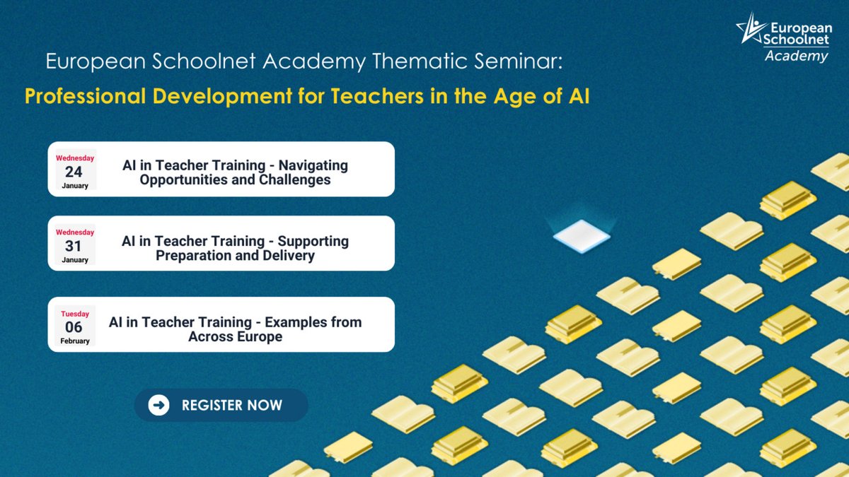 Exciting 🆕for Educators! Join our #EUNAcademy thematic seminar on "#AI in Teacher Training"! 🎓 Unlock opportunities, explore challenges, &amp; shape the future of teacher training with us. 
🗓️Webinars on Jan 24, 31, &amp;Feb 6.
Register Now✅bit.ly/486xhAd