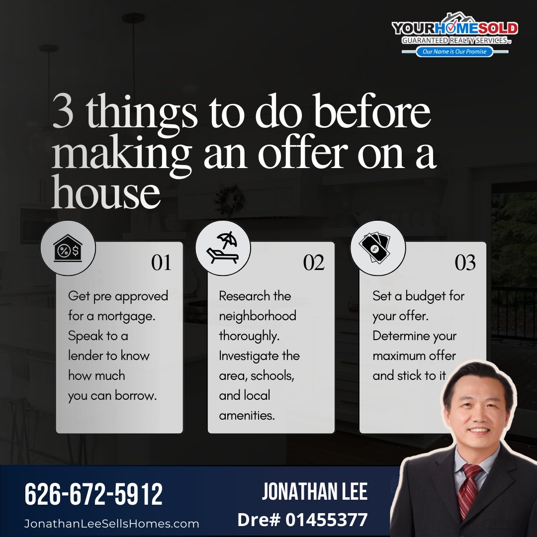 Jonathanqiteng's tweet photo. Ready to make an offer on a house? Here are 3 essential steps to take before you dive in! 🏠💼 

👤Jonathan Lee
🏡Dre# 01455377
🏡Your Home Sold Guaranteed Realty
☎️ 626-672-5912
💻 https://t.co/OlAGcZmJyy

#thehelpfulagent #home #houseexpert #house #listreports #homeowner https://t.co/bKHinICNYR