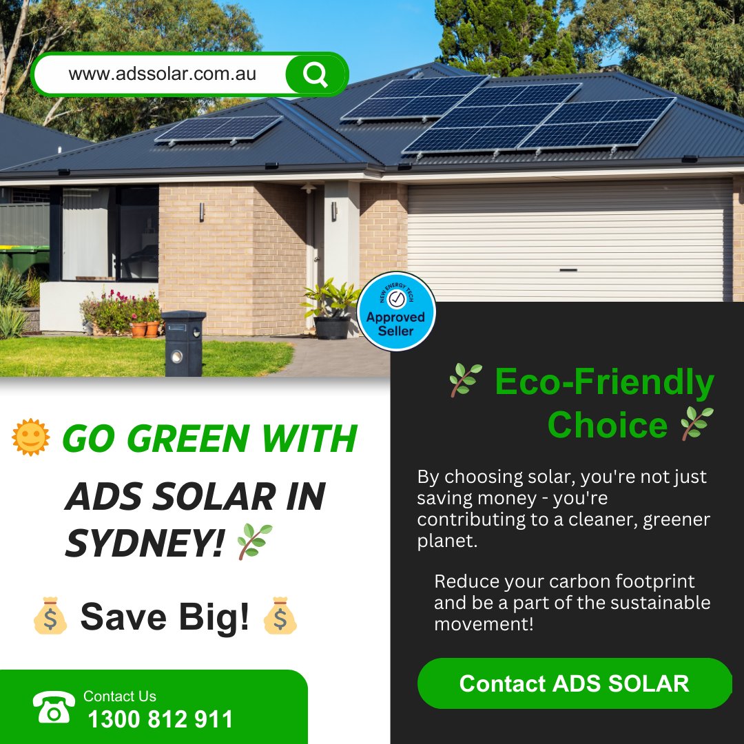 ADSSolar's tweet image. 🌞 Go Green with ADS SOLAR in Sydney! 🌿

Ready to make a positive change for your home and the environment? ☀️ Choose a sustainable future by installing solar panels with ADS SOLAR! 🏡💡

adssolar.com.au

#GoSolarSydney #ADSSolar #CleanEnergyRevolution  #SolarPowerSydney