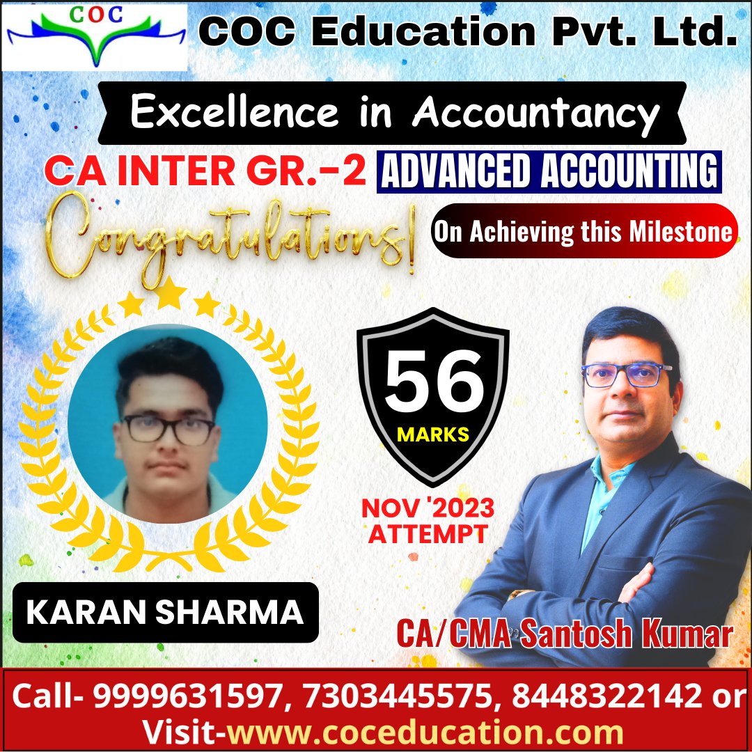 cacmasantosh's tweet photo. Congratulations Karan Sharma For Your Achievement. You Made Us Proud.
#capreparations #caexams #caintermediate #caintergroup2 #caInter #calife #cainterresult #cainter #coceducation #accounts #accounting #cacmasantoshkumar https://t.co/cqS5wTbGyF