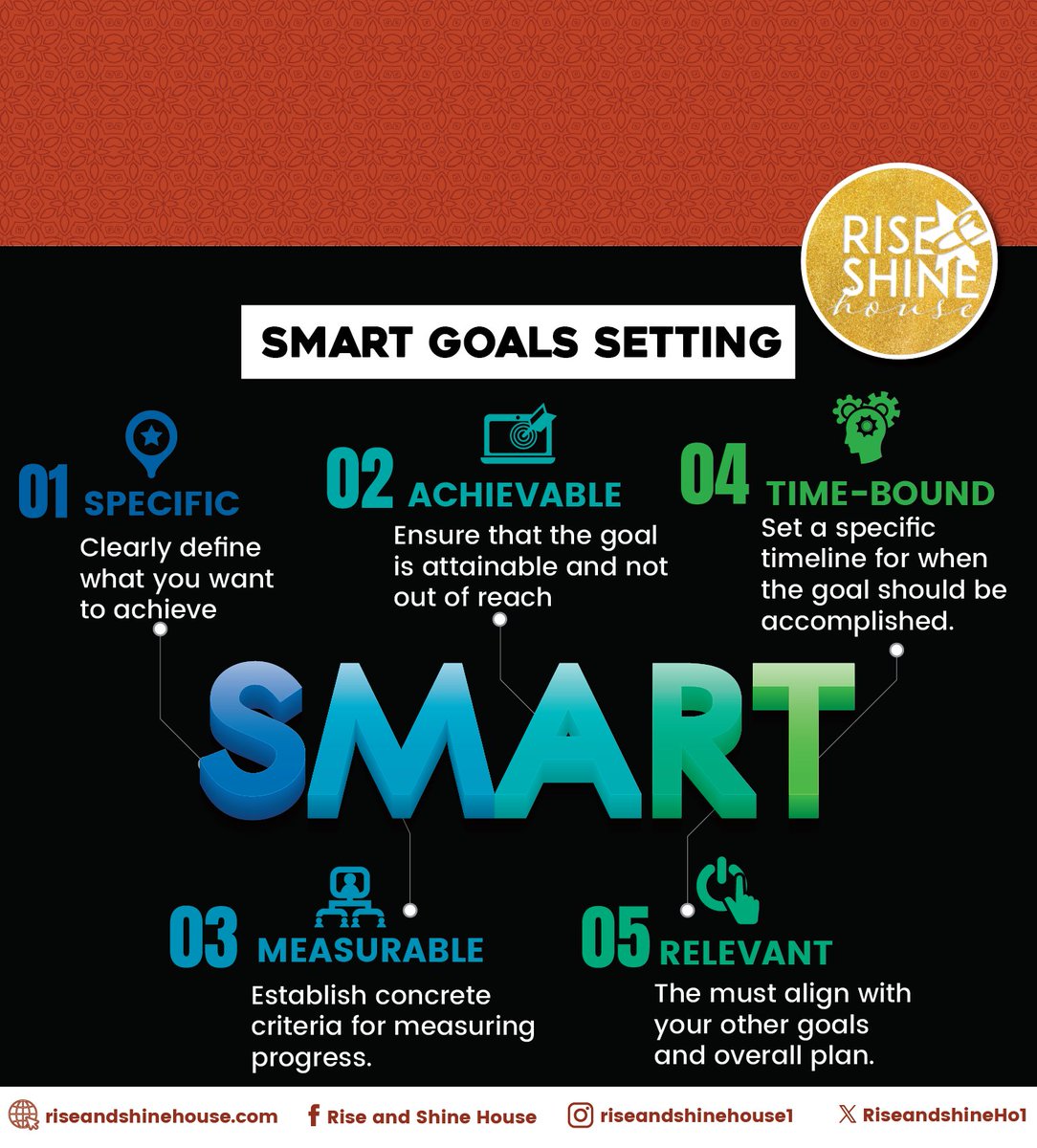 RiseandshineHo1's tweet photo. 🫸 Hold up! Take time to slow down a bit on your goals, analyze them, and check if they are SMART:

- S: Specific
- M: Measurable
- A: Achievable
- R: Relevant
- T: Time-Bound

This will help your next steps to be assured and confident.

#RiseWithUs
#RiseandShineHouse https://t.co/KQHpPcA8gz