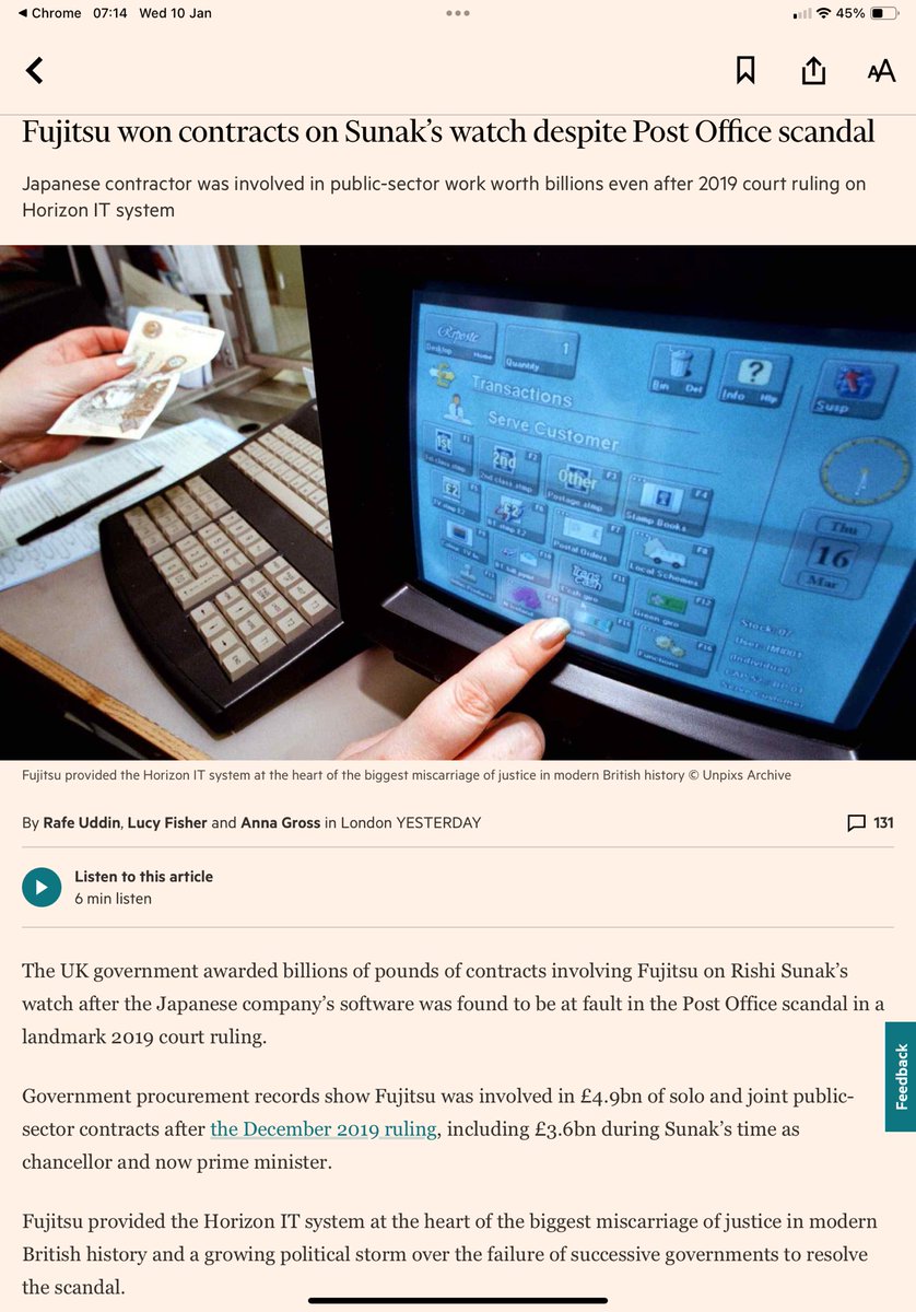 Fujitsu was awarded £4.9bn of govt contracts after the 2019 court ruling that its software was faulty in the Post Office Horizon scandal on.ft.com/47x51G5