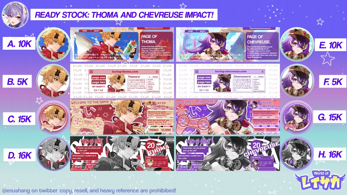 esushang's tweet photo. Help RT please? Thank you!

Halo aku ada ready stock thoma &amp; chevreuse impact yang bisa ditake langsung via dm, no booking fee. Price sudah tertera di pict ya. Kalau mau hubungi lewat tele juga bisa ke https://t.co/yeBDEGuHl3, ayo jajan!! 🥺💝

#zonauang #zonaba #zonajajan https://t.co/vIuzRHsdgh