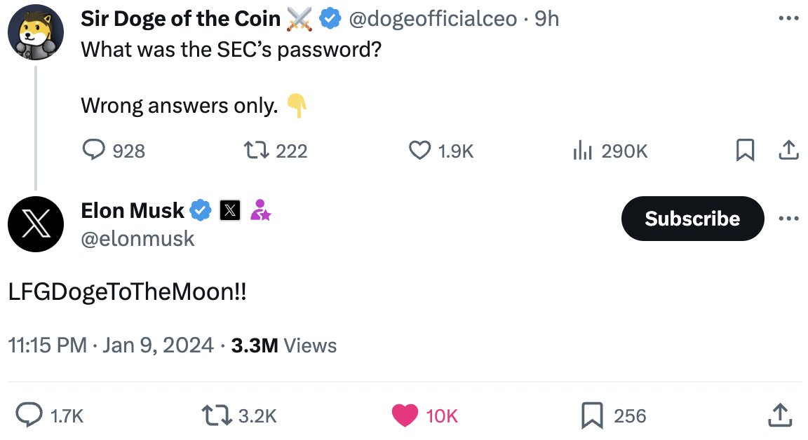 grm_off's tweet photo. A quick summary of the SEC's fake approval of #Bitcoin ETFs:

1⃣ The SEC's official Twitter/X account announces that all Spot Bitcoin ETFs have been approved (the tweet has since been deleted).

2⃣ SEC Chairman @GaryGensler announces that the SEC's X account has been hacked. No Spot ETFs approved: https://t.co/nncxt7WMqY

3⃣ @elonmusk s'amuse de la situation en prétendant que le mot de passe du compte de la SEC était "LFGDogeToTheMoon!!"

4⃣ SEC launches internal investigation into what just happened.

5⃣ Bloomberg's ETF experts indicate that these events will not change the approval of these ETFs scheduled today.

6⃣ X (@Safety) confirms that the SEC account has indeed been compromised by an individual who gained access to the phone number associated with the @SECGov. "The account did not have two-factor authentication enabled at the time the account was compromised."

I'll let you guess from the following chart when the announcement was un-priced...
