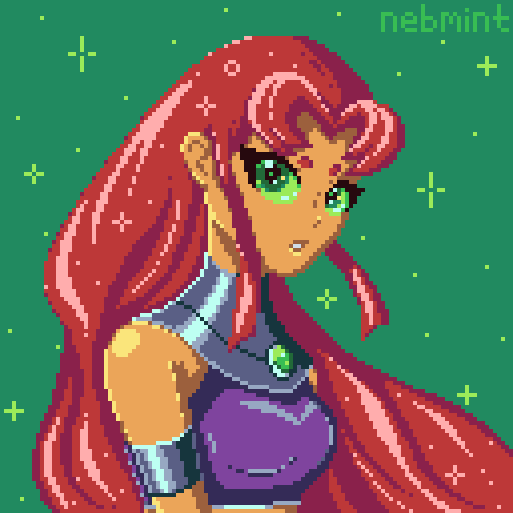 nebmint's tweet photo. starfire!! 💜🌟

decided to participate in this week's theme for #weekxel! couldn't pass up an opportunity to pixel one of my fav childhood cartoon characters! ^o^

[ #starfire • #teentitans • #pixelart • #ドット絵 ] https://t.co/AydWaj3hIM