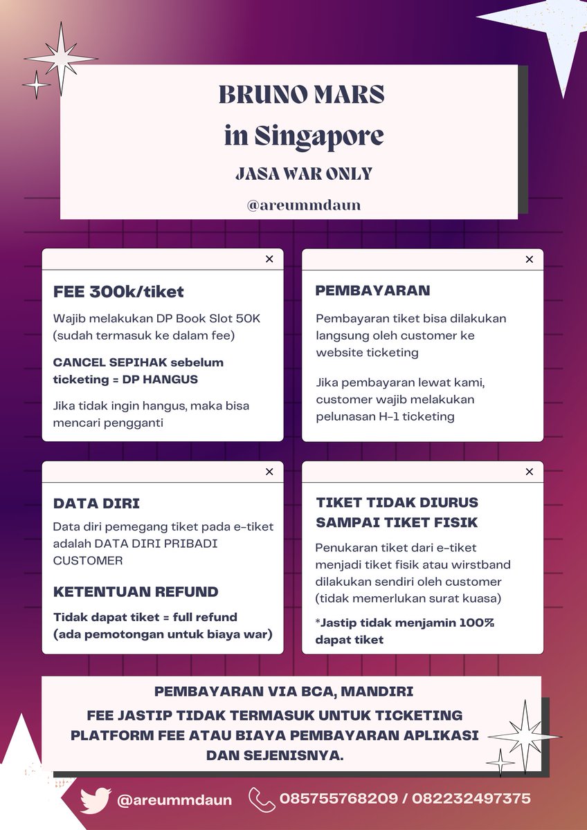 OPEN JASTIP Bruno Mars in Singapore

JASA WAR

PRESALE &amp; GENERAL SALE

▪︎Fee 300k/tix
▪︎Trusted 100% (testi 📌)
▪︎Pakai DATA DIRI CUSTOMER
▪︎Bisa pakai akun ticketmaster kalian

Booking/questions? WA di bio!

#BrunoMars tag konser wtb wts
