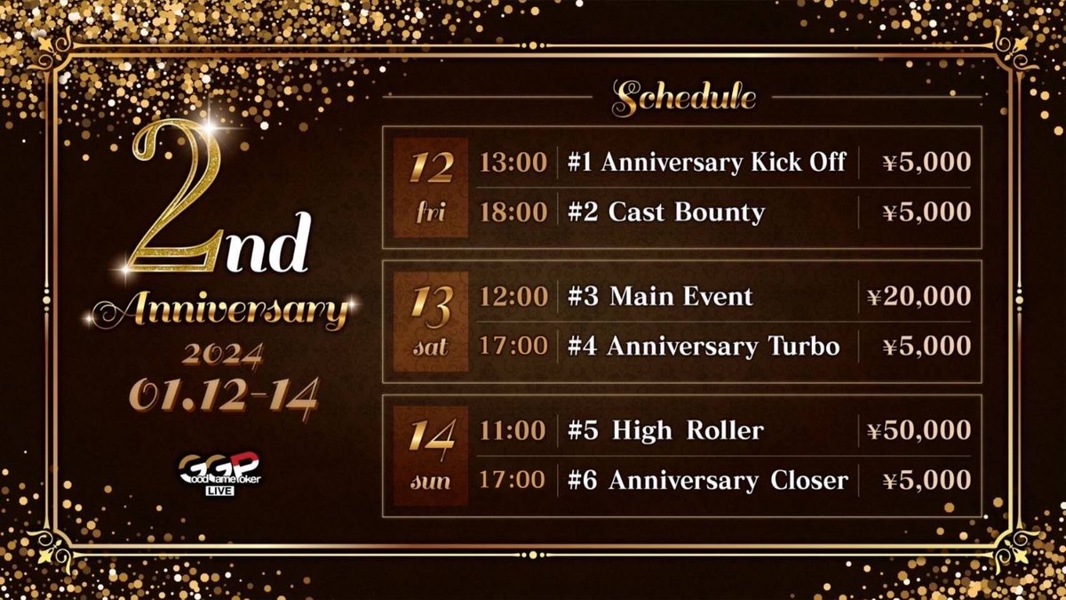 GGLIVETOKYO's tweet photo. 🎊2nd Anniversary開催記念キャンペーン🎊

こちらの投稿を引用リポストしてくれた方の中から抽選で1名様を【#3 Main Event 20K】へご招待💌

1月12日15時〆切
当選者にはDMにて直接ご連絡差し上げます💁‍♀️

トーナメントの詳細はこちら👇
https://t.co/DcXsgokTui https://t.co/s23rqLIq7r