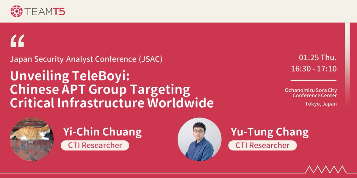 TeamT5_JP's tweet image. 日本セキュリティアナリストカンファレンス（#JSAC）が開催されます！

TeamT5は当イベントにて、徹底した分析を発表いたします。

詳細はこちら
jsac.jpcert.or.jp/en/timetable.h…

#cybersecurity