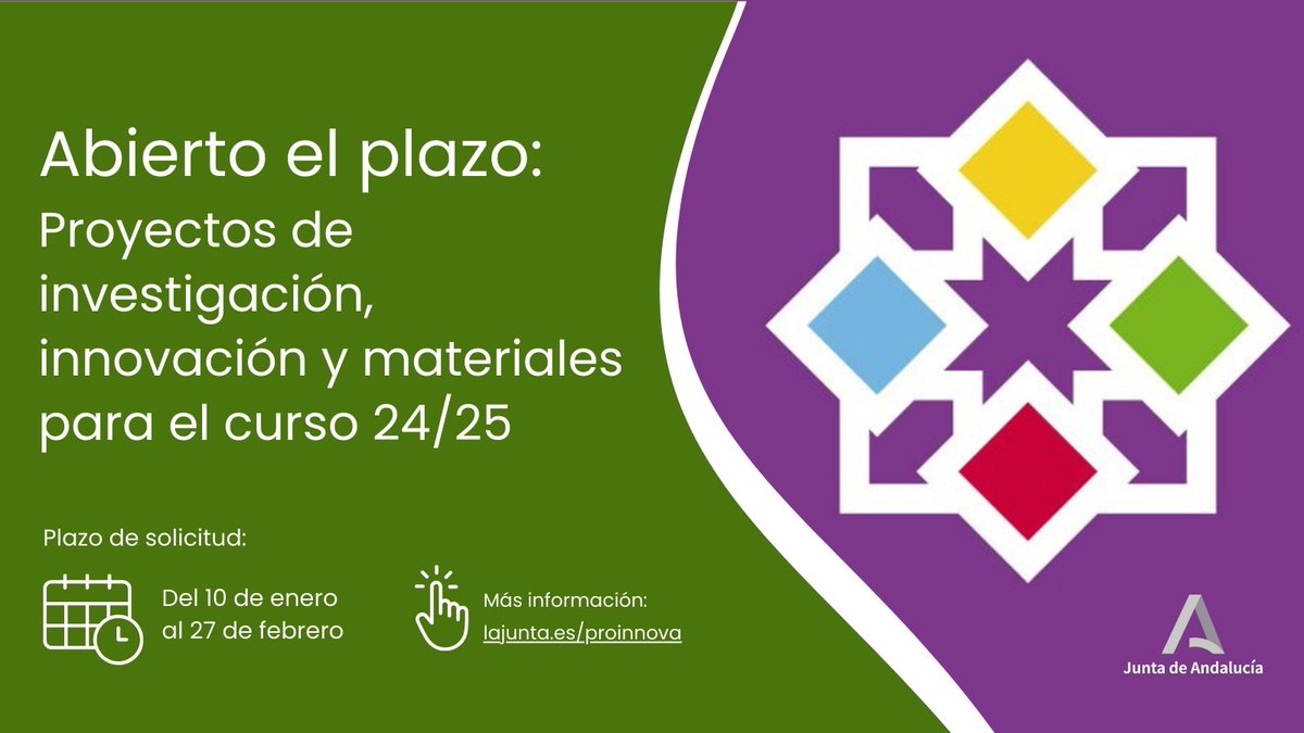 📢 Abierto el plazo para la presentación de proyectos de investigación, innovación y materiales de <a href="/EducaAnd/">Consejería Desarrollo Educativo y FP</a> para el curso 2024-2025. 
   
🗓️ Plazo de solicitud: del 10 de enero al 27 de febrero de 2024.    

Más información 👉 lajunta.es/proinnova