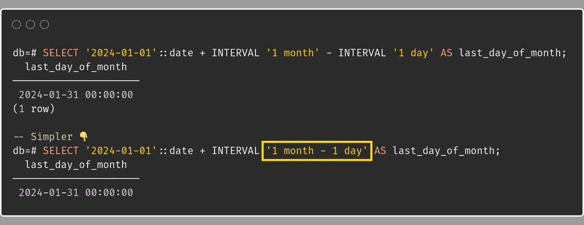 #TIL interval expressions in PostgreSQL can accept both positive and negative values in a single expression. For example, given the first day of the month - calculate the last day of the month: SELECT '2024-01-01'::date + INTERVAL '1 month - 1 day'; 👌Nice