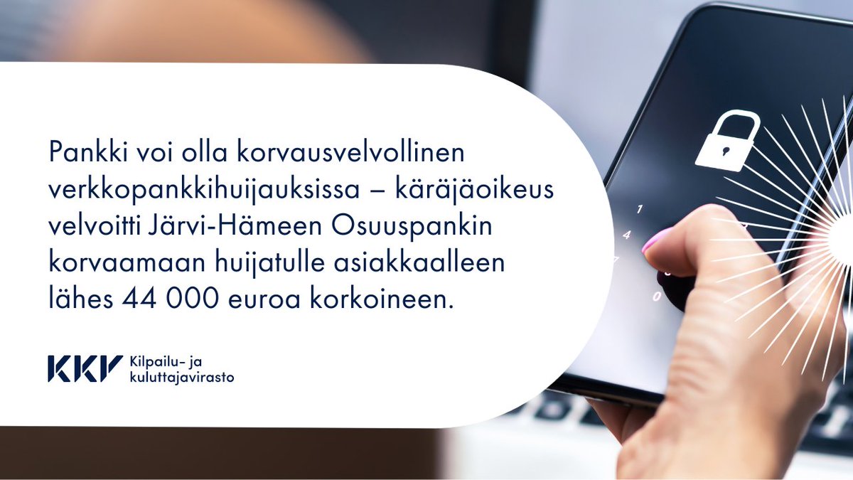kkv_uutiset's tweet photo. Päijät-Hämeen käräjäoikeus hyväksyi kuluttajan kanteen Järvi-Hämeen Osuuspankkia vastaan ja velvoitti pankin korvaamaan kuluttajalle 43 950 euroa korkoineen.

Pankin asiakkaan tililtä oli tekstiviestihuijauksen avulla viety 44 000 euroa.

Lisää aiheesta:
https://t.co/4yhvDDL85a https://t.co/AMusqujQcn