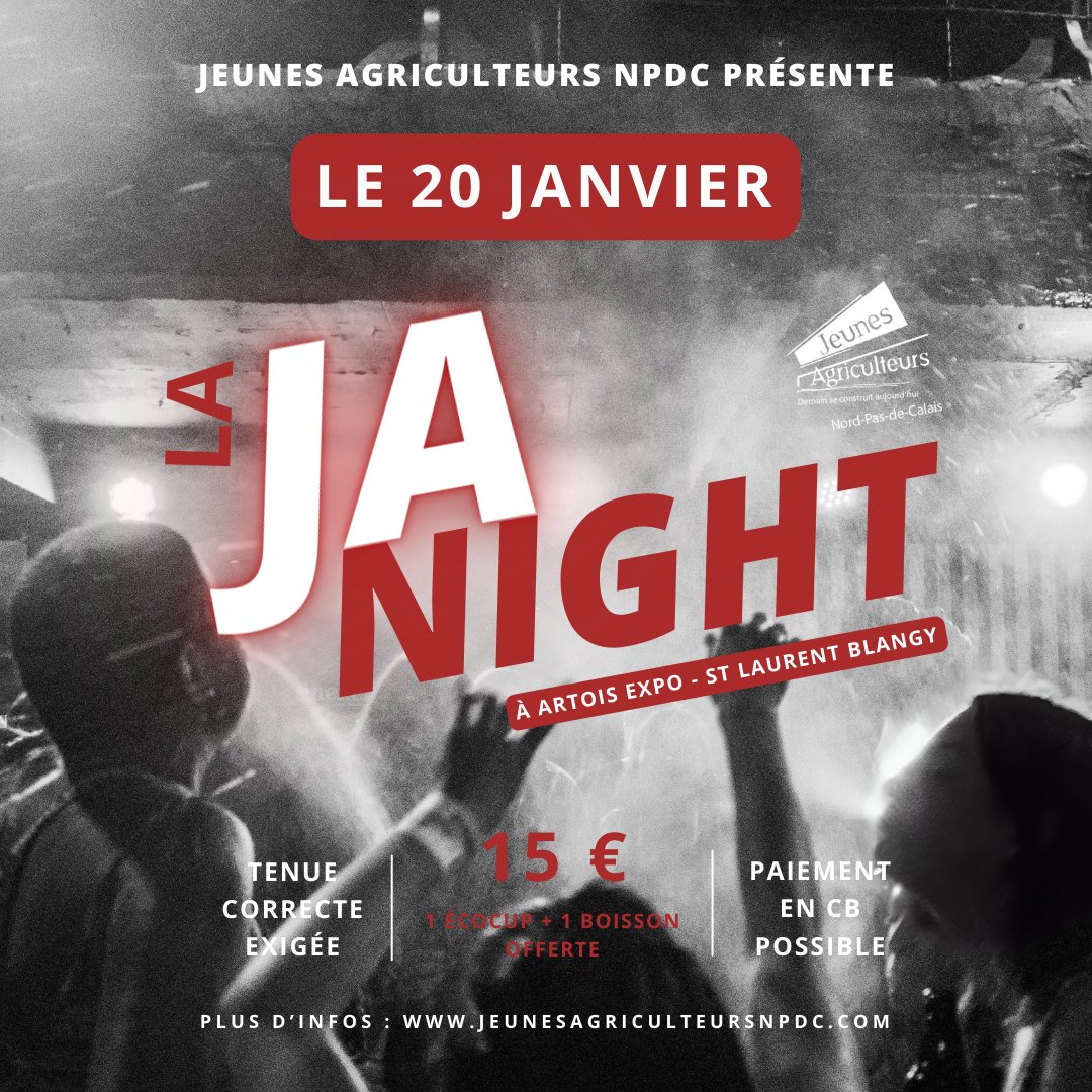J-7 ✨
La JA NIGHT de retour le 20 janvier à Artois Expo ⏰🥳 
 #janight #jeunesagriculteurs #janpdc #agriculteurs #soiree
