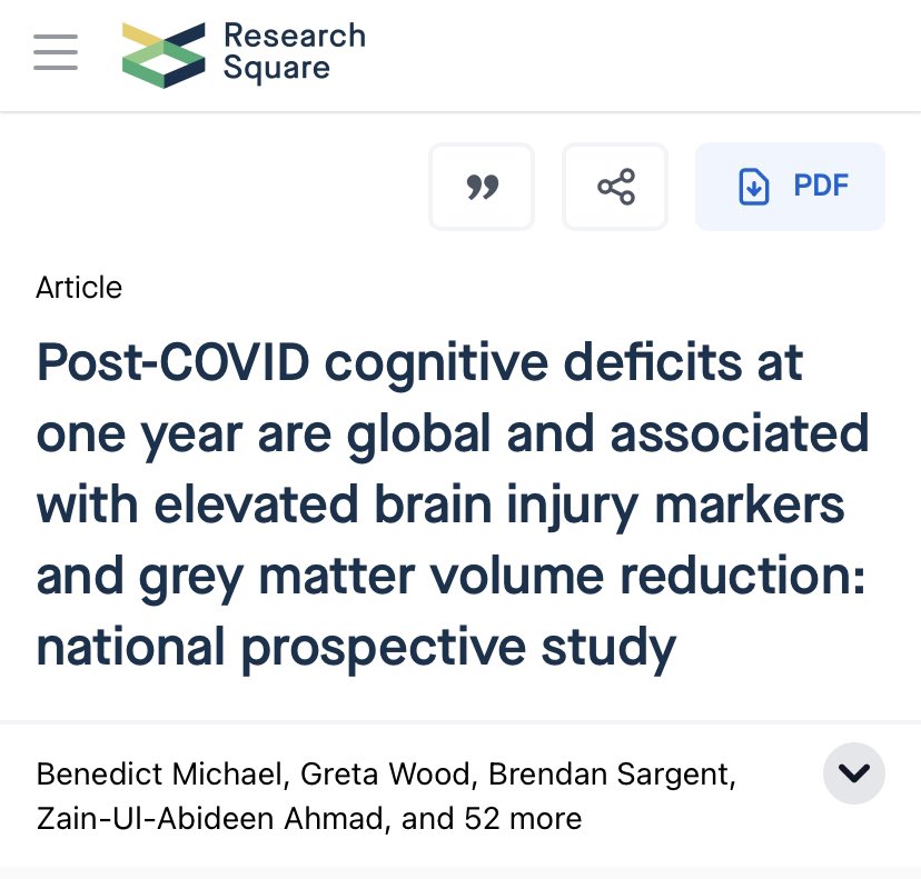 Observan signos de lesión cerebral, pérdida de materia gris y disfunción cognitiva al año de sufrir COVID19 en personas hospitalizadas en comparación con controles. Daños cognitivos equivalentes en magnitud a 20 años de envejecimiento.
researchsquare.com/article/rs-381…