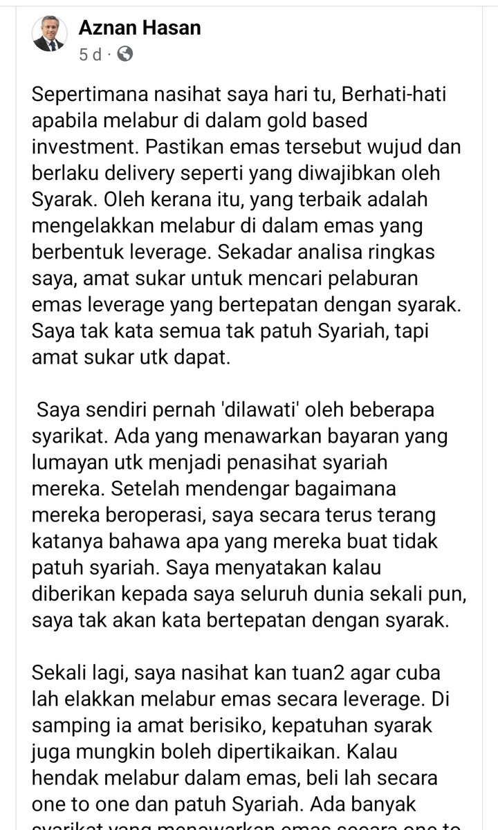Saida_CFPCertTm's tweet photo. Prof Dr Adnan Hasan dan Datuk Nik Hasyudeen.

Satu berkenaan emas secara leverage. Satu lagi berkenaan bitcoin.

Pendekatan yang berhati-hati oleh golongan professional. 

Bagaimanapun, dipromosi oleh ramai  seolah "Your loss" jika tak buat.

Setiap orang ada income, background, level of knowledge on certain info, financial resources,  kemampuan kewangan berdasarkan matlamat hidup yang BERBEZA.

Tak pasti jangan kongsi.
Yang pasti, cukupkan dulu 6 bulan wang kecemasan.
Supaya ada satu tabung "DARE TO LOSE" untuk tujuan sedemikian (seperti ulasan di gambar)