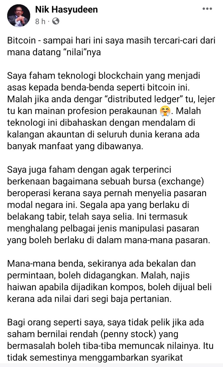 Saida_CFPCertTm's tweet photo. Prof Dr Adnan Hasan dan Datuk Nik Hasyudeen.

Satu berkenaan emas secara leverage. Satu lagi berkenaan bitcoin.

Pendekatan yang berhati-hati oleh golongan professional. 

Bagaimanapun, dipromosi oleh ramai  seolah "Your loss" jika tak buat.

Setiap orang ada income, background, level of knowledge on certain info, financial resources,  kemampuan kewangan berdasarkan matlamat hidup yang BERBEZA.

Tak pasti jangan kongsi.
Yang pasti, cukupkan dulu 6 bulan wang kecemasan.
Supaya ada satu tabung "DARE TO LOSE" untuk tujuan sedemikian (seperti ulasan di gambar)