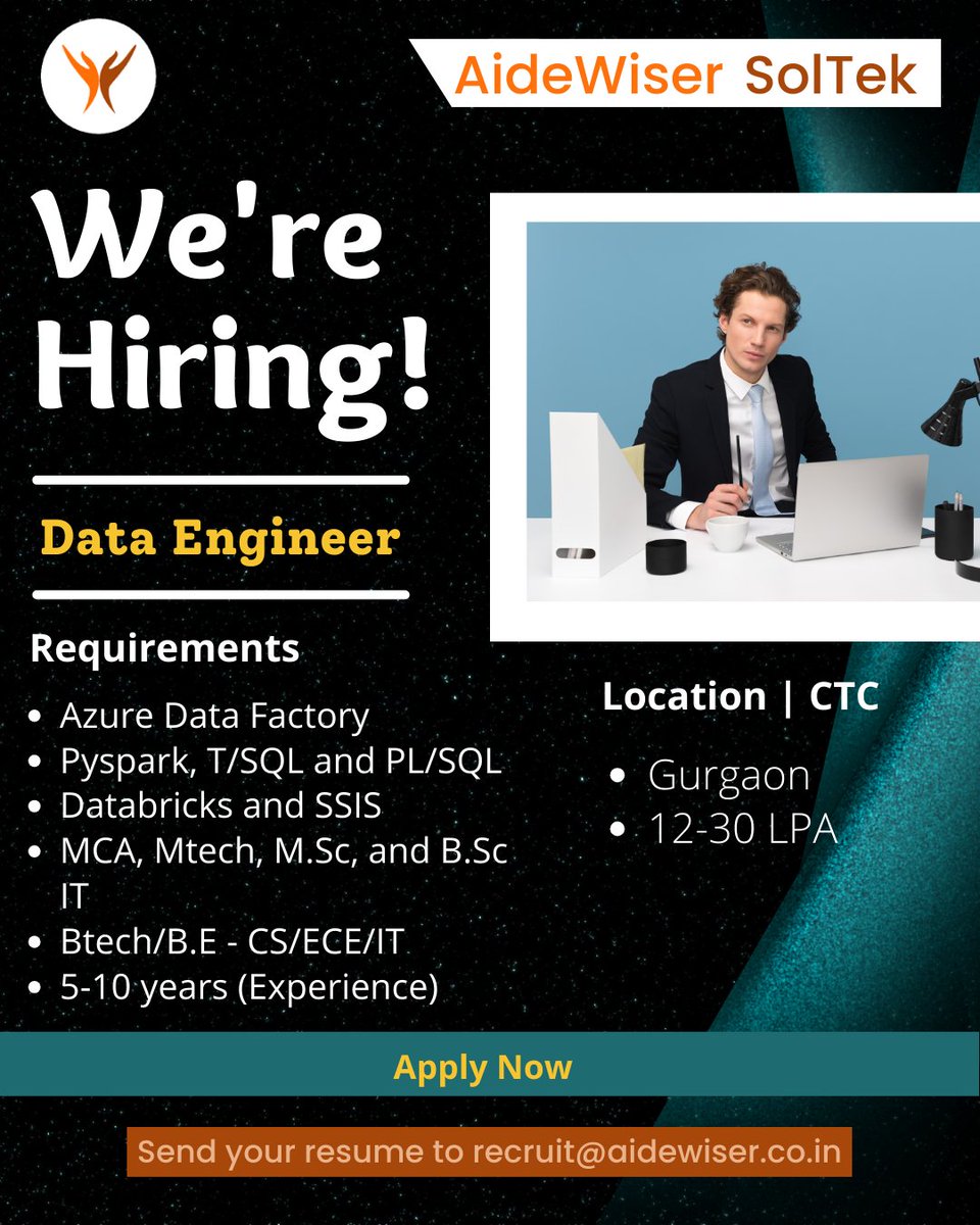 We are hiring Data Engineer!

#Recruitmentmatlabaidewiser

Send your resume to recruit@aidewiser.co.in

#Aidewiser #recruitment #hiring #job #jobsearch #jobhunt #dataengineer #DataScience #azure #engineer #ITJobs #IT #Data #Gurgaon #DelhiJobs #Delhi #ITProfessionalsDay