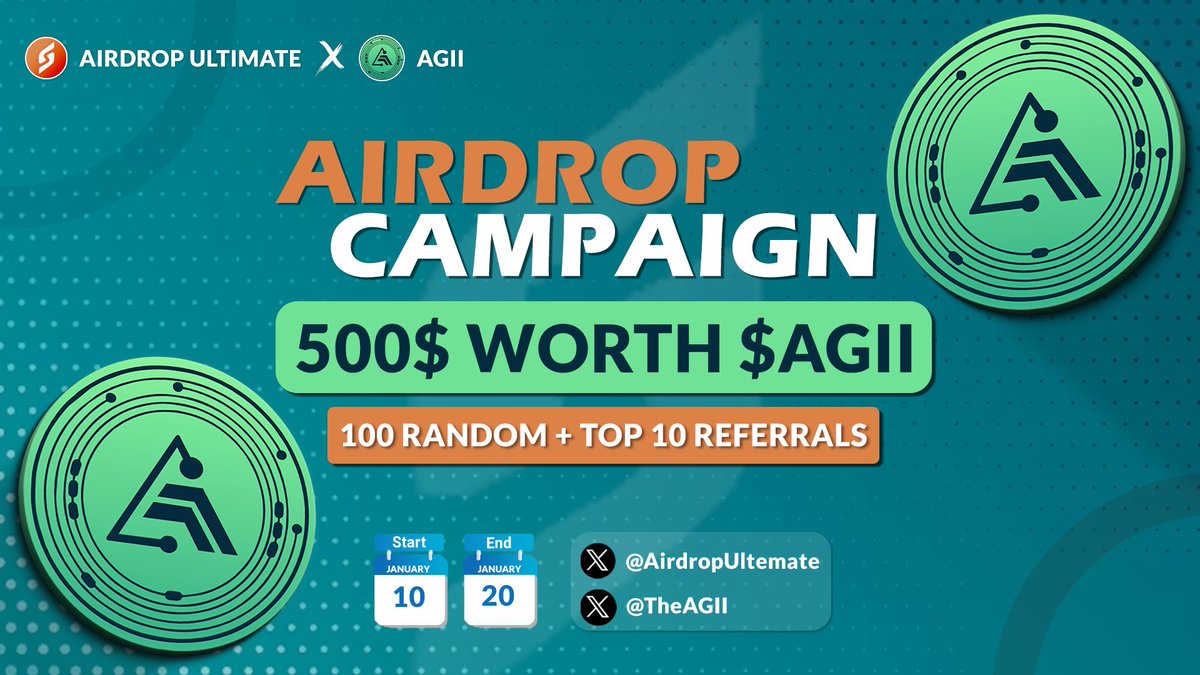 🥳 AGII X Airdrop Ultimate #Airdrop

🏆 Prize Pool «» 500$ in $AGII

✅ Follow <a href="/AirdropUltemate/">Airdrop Ultimate</a> &amp;
<a href="/TheAGII/">AGII</a> 
✅ Like, RT &amp; Tag 3 Friends
✅ Complete #Gleam⤵️
gleam.io/hnUAn/agii-x-a…

⏳ Ends 20th January 

#TheAGII #Airdrop #Giveaway #Crypto #AGII #AI #1000XGem #MEXC #BSCGems