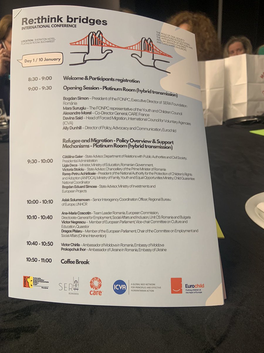Attending Re:think Bridges conf. in Bucharest on the role of #civilsociety to facilitate integration of refugee children &amp; caregivers. 

Led by <a href="/Eurochild_org/">Eurochild_org</a>’s wonderful member in Romania <a href="/fonpcbucharest/">FONPC</a>, we helped design the programme with partners <a href="/CAREfrance/">CARE France</a> <a href="/ICVAnetwork/">ICVA | International Council of Voluntary Agencies</a>