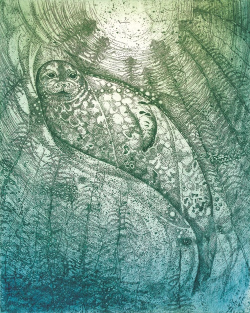 Seal Rising - an etching by Glasgow based artist and printmaker, Louise Scott