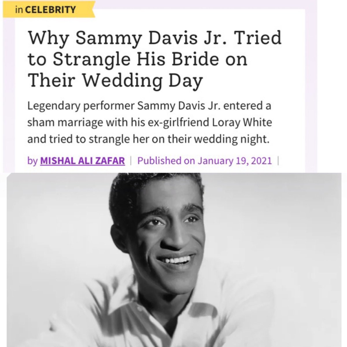 Olas_Truth's tweet image. Sammy Davis Jr. admitted the only reason he and white film star Kim Novak were attracted to each other was bc their “love” was forbidden. 

It was frowned upon for Black men to sleep with white women. So he executed violence on the Black woman he paid to marry him in a rage.…