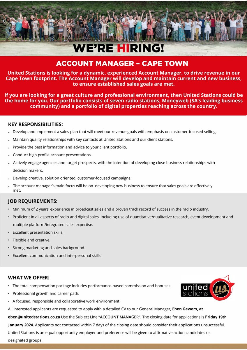WE'RE HIRING! We are  seeking a dynamic and experienced Account Manager to drive revenue in our Cape Town footprint. See details below. 

The closing date for applications is Friday, 19th January 2024.