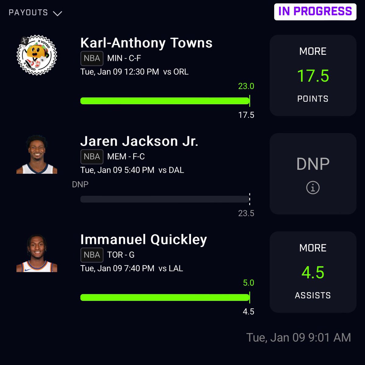 PrecisionPlayzD's tweet photo. 🏀 NBA Plays Recap 1/9/24 🏀

✅ Immanuel Quickley o4.5 AST

1-0 on FreePlays today. One of our Premium Discord members @Matt__Cota goes 9-0 🧹. Link is in my bio

❤️ &amp; ♻️

#GamblingX #NBA #PrizePicks #NBAX  #GamblingTwitter https://t.co/Dp9drY2iG7