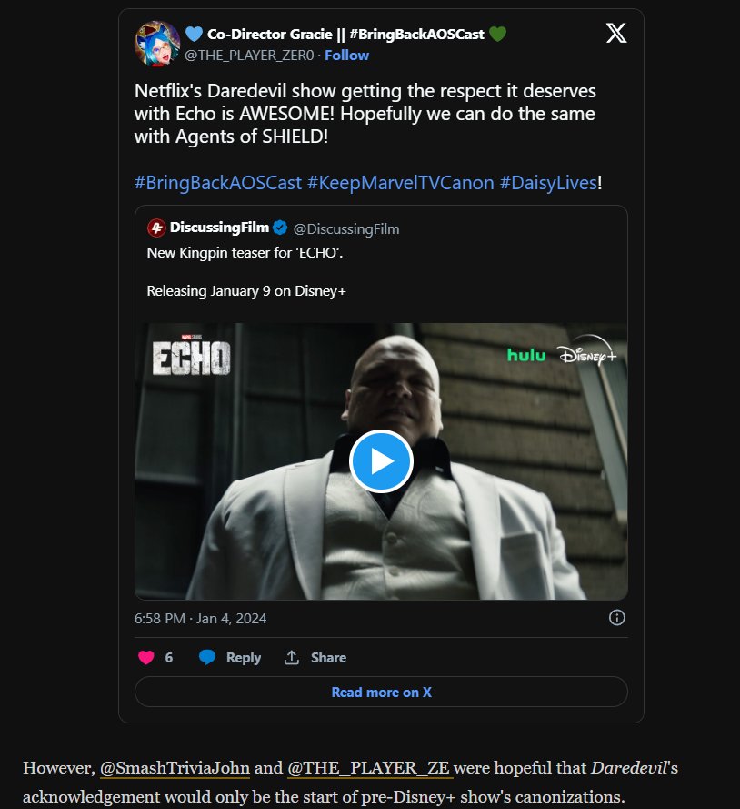 The fact that this tweet got actual media attention makes me proud to be a Defenders Saga & Agents of SHIELD Fan! #WeSavedDaredevil #BringBackAOSCast #DaisyLives

It's a small victory in the grand scheme of things but it's super fuckin' cool nonetheless!

twitter.com/THE_PLAYER_ZER…