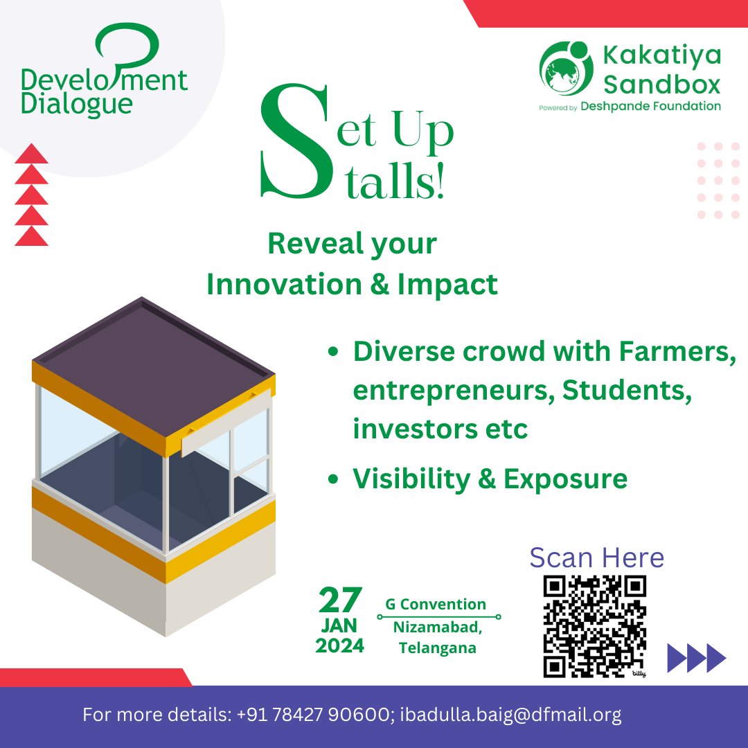 Stall Opportunities in Development Dialogue! 

Want to showcase your innovative product or social enterprise at India's Largest Development Conference?  

Click to apply: bit.ly/3NTztmF

#DevelopmentDialogue #StallOpportunity #Networking #JoinTheDialogue #kakatiyasandbox