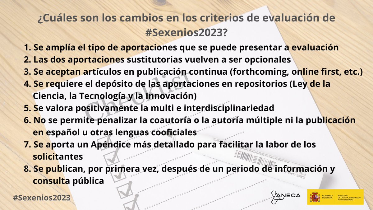 🔵El día 22/01 se abre la convocatorioa de #Sexenios2023
🆕Revisa la Resolución de criterios: boe.es/boe/dias/2023/…
🆕Esta convocatoria presenta cambios importantes para adaptar la convocatoria a la LOSU, la LCTI, el RD 678/2023, DORA y CoARA, etc. Te los resumimos aquí👇