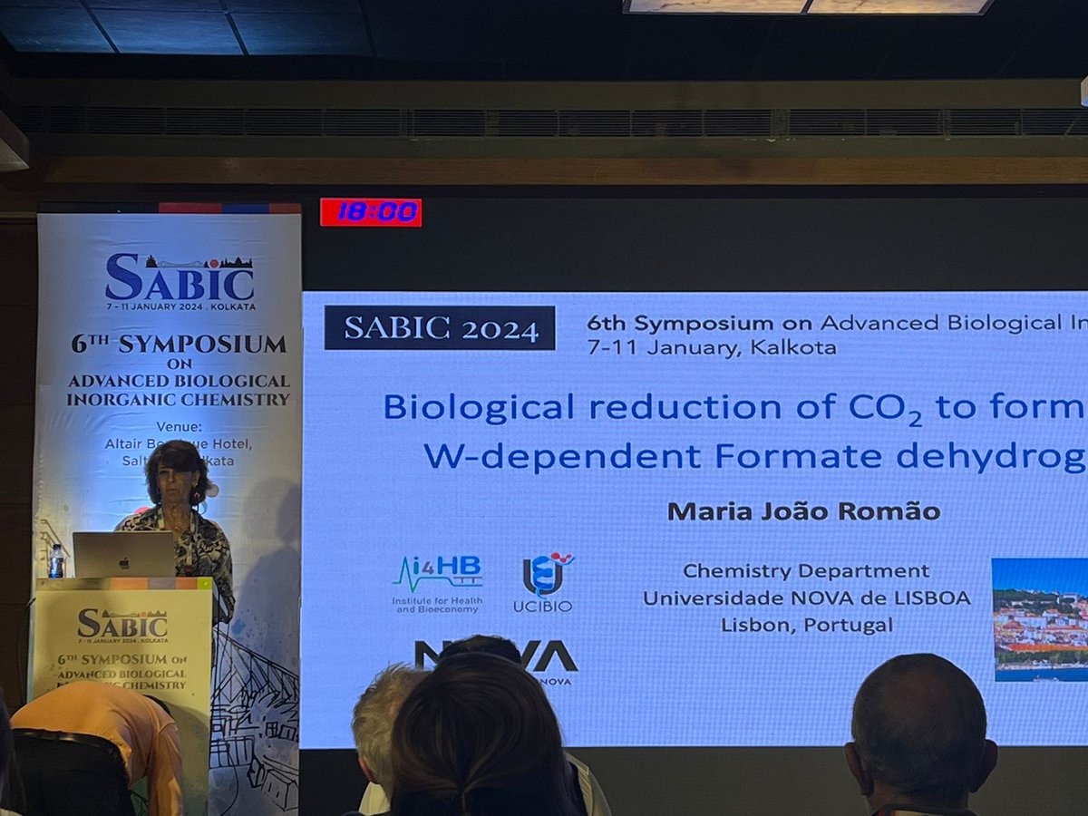 This week, our group leader Maria João Romão is in Kalkota (India) at SABIC2024 meeting (indiabioinorganic.org). Today she presented her invited talk 'One step forward in understanding the biological reduction of CO2 to formate by a W formate dehydrogenase'.
Well done!
